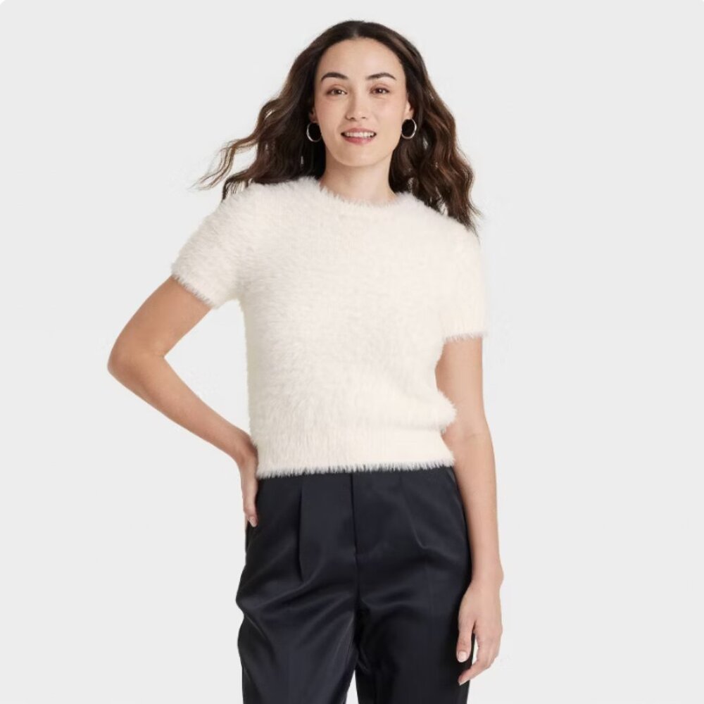 Women's Fuzzy Short Sleeve Crewneck Pullover Sweater - A New Day™